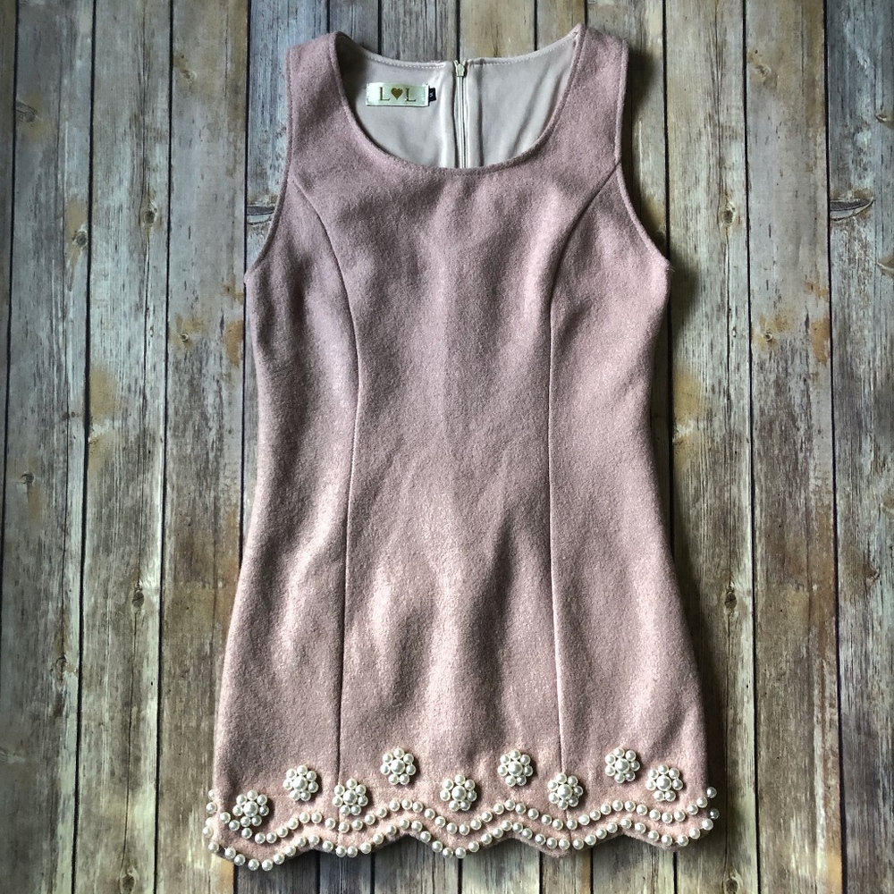 Dusty Pink Wool Sleeveless Dress with Pearls M